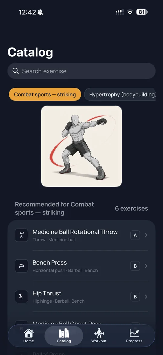 Eflir catalog filtered by the discipline “Combat sports — striking”, listing six recommended exercises with their A to B ratings.