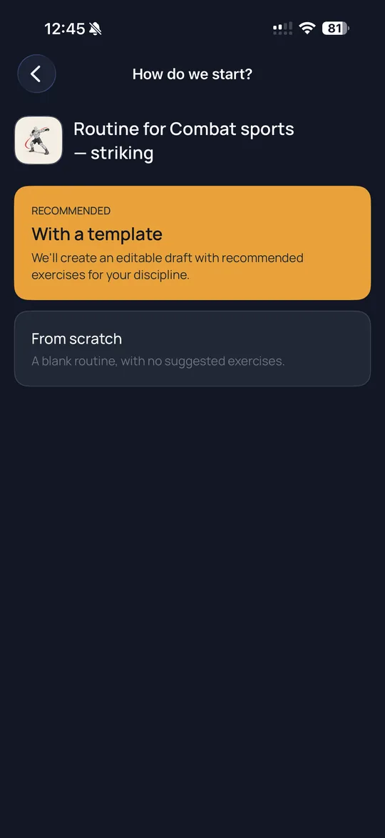 Eflir routine creation step with two options: “With a template”, marked as recommended, and “From scratch”.