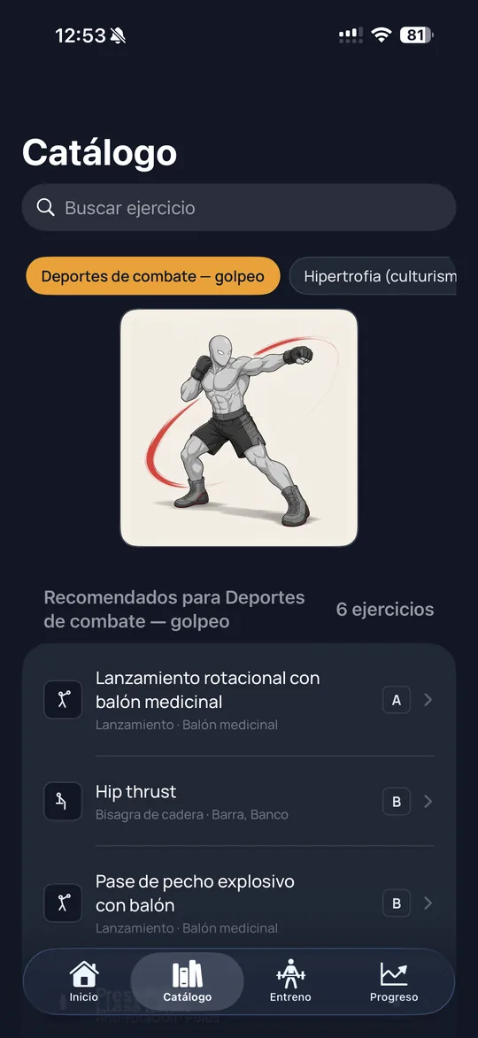 Catálogo de Eflir filtrado por la disciplina «Deportes de combate — golpeo», con seis ejercicios recomendados y su calificación de A a B.